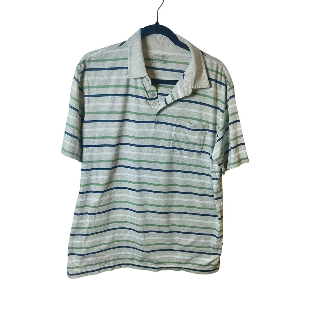 Patagonia Mens Organic Cotton Striped Polo Shirt Grey Green Blue Large L